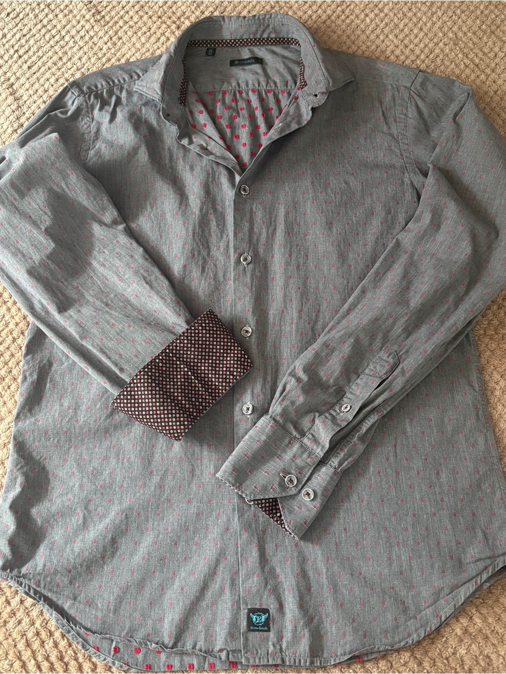 Brouback Italy Gray Button Down Shirt Pink Fil Coupe Geometric Contrast Cuffs